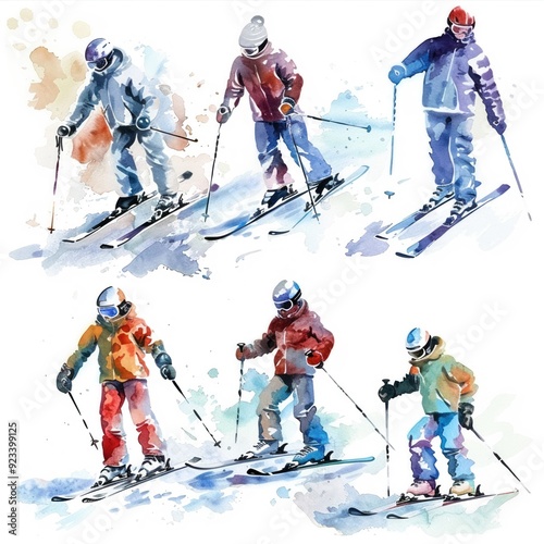 Watercolor winter sports scenes from skiing to ice skating