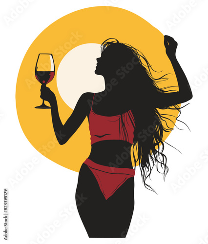 Girl in Bikini Holding Wine Glass, Summer and Relaxation Theme - Flat Vector Illustration