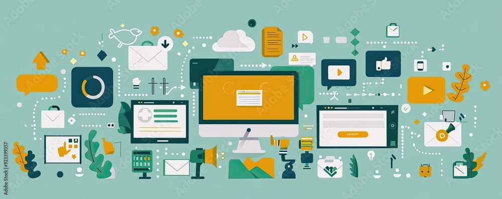 Cross-platform marketing, consistent messaging across channels, flat design illustration Cross-platform marketing, consistent messaging across channels, flat design illustration
