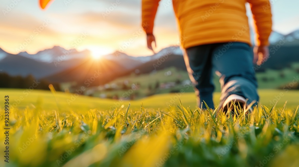 A person walks through a lush green meadow at sunset, the sky painted with warm hues, embodying the essence of tranquility, peace, and the beauty of nature in the countryside. A person walks through a lush green meadow at sunset, the sky painted with warm hues, embodying the essence of tranquility, peace, and the beauty of nature in the countryside.