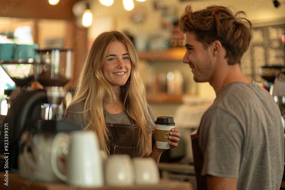 A barista in an apron smiles at a customer while holding a cup of coffee at the counter. A barista in an apron smiles at a customer while holding a cup of coffee at the counter.