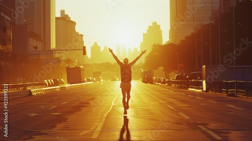 A runner celebrates with arms raised in triumph while basking in the golden morning light of an urban cityscape.