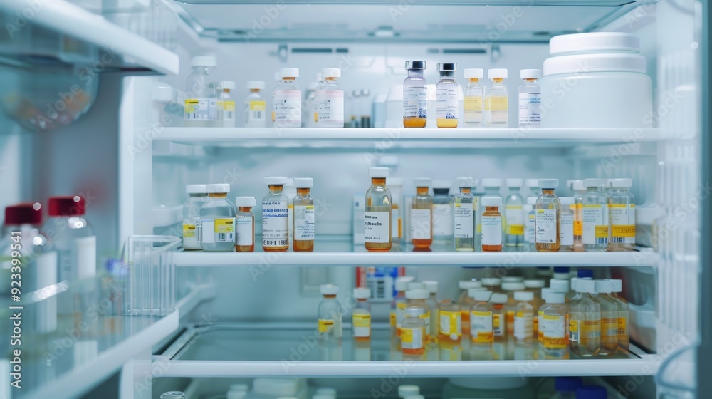 A well-stocked medical refrigerator with various vials labeled and meticulously organized, reflecting attention to detail in a clinical laboratory. A well-stocked medical refrigerator with various vials labeled and meticulously organized, reflecting attention to detail in a clinical laboratory.