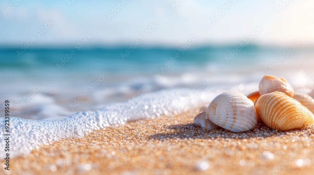 An image capturing seashells on a sandy beach with foamy waves approaching under a clear blue sky, representing the beauty and peace of a coastal environment. An image capturing seashells on a sandy beach with foamy waves approaching under a clear blue sky, representing the beauty and peace of a coastal environment.
