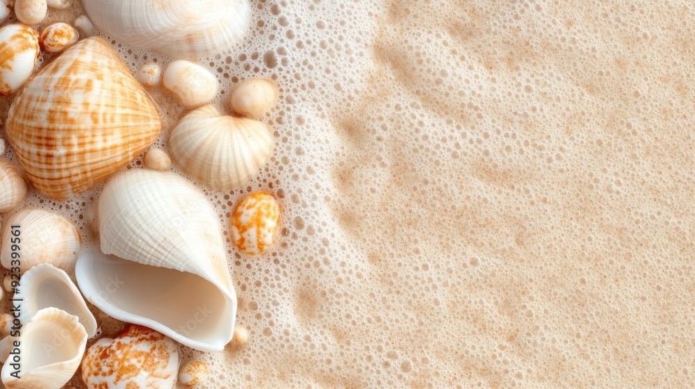 Seashells are scattered on a sandy beach with white, frothy waves in the background, illuminated by bright, warm sunlight, embodying the serene essence of beach life. Seashells are scattered on a sandy beach with white, frothy waves in the background, illuminated by bright, warm sunlight, embodying the serene essence of beach life.