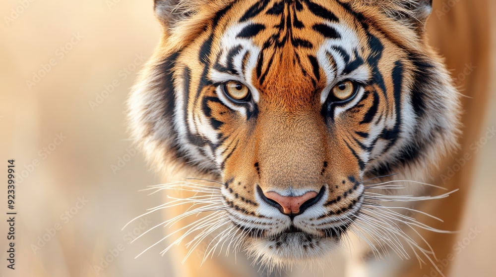 A magnificent close-up shot of a tiger's face, displaying its piercing gaze, intricate fur patterns, and powerful presence, embodying the raw beauty of nature. A magnificent close-up shot of a tiger's face, displaying its piercing gaze, intricate fur patterns, and powerful presence, embodying the raw beauty of nature.
