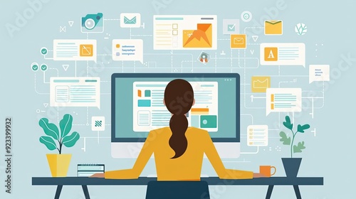Content management system, organizing and publishing content, flat design illustration