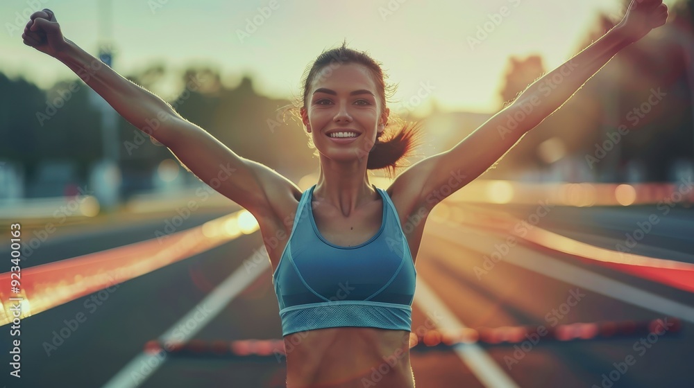 A joyful runner crosses the finish line with arms raised, basking in the sunset light A joyful runner crosses the finish line with arms raised, basking in the sunset light