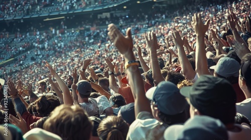 Fototapeta Naklejka Na Ścianę i Meble -  A close-up of an excited crowd at a sports event, capturing the expressions and raised hands of fans showcasing true team spirit.