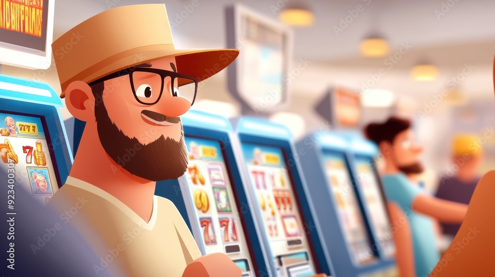 A cartoon man with glasses and a beard, wearing a hat, is depicted playing a slot machine in a lively casino setting filled with bright colors and excitement. A cartoon man with glasses and a beard, wearing a hat, is depicted playing a slot machine in a lively casino setting filled with bright colors and excitement.