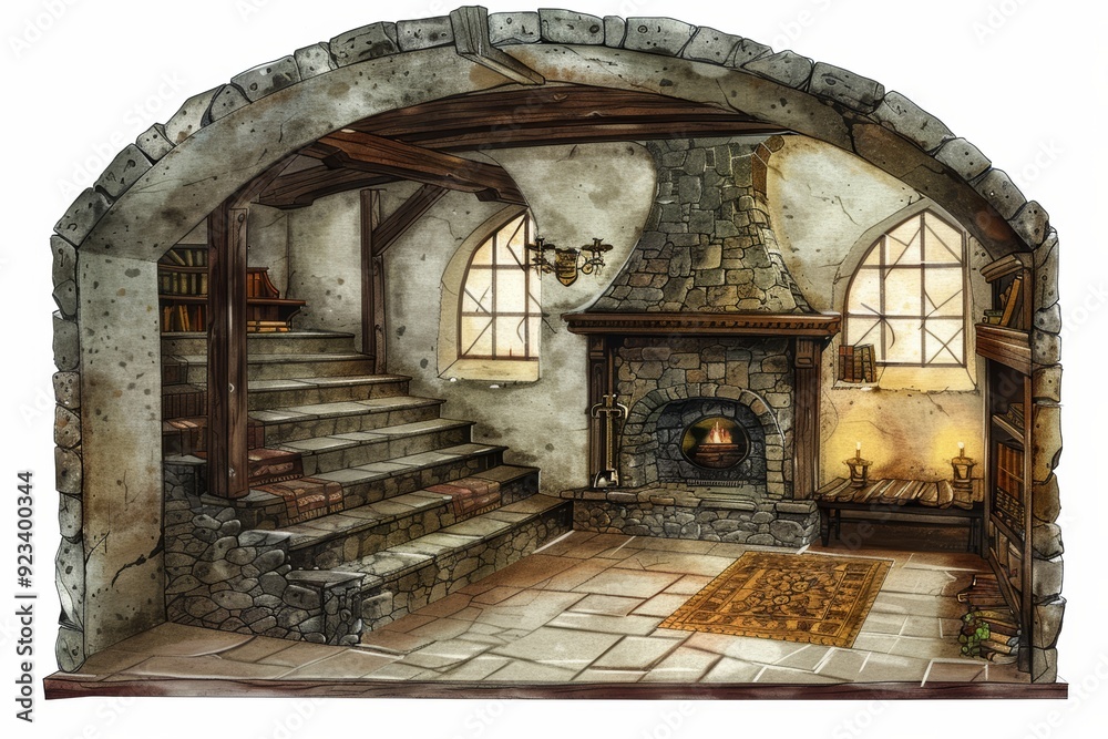 A stone basement interior with a stone fireplace, stairway, and a window. Children's Book Illustration A stone basement interior with a stone fireplace, stairway, and a window. Children's Book Illustration