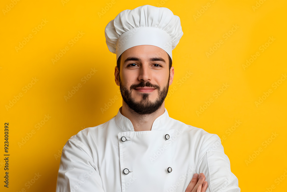 Portrait of Young handsome chef in white outfit with crossed arms looking at camera