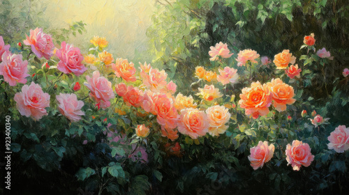 An exquisite rose garden featuring a mix of bright and pastel roses. The scene is bathed in realistic sunlight, showcasing the rich colors and delicate petals of the flowers.