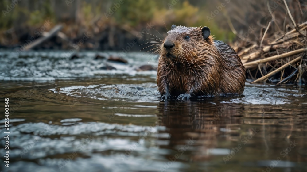 Beaver on dam in calm mountain river scene Beaver on dam in calm mountain river scene