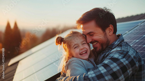 Vater und Tochter lächelnd und umarmend vor Solarzellen, Familienfreude, erneuerbare Energie, nachhaltiges Leben, umweltfreundlich, Sonnenlicht, glückliche Vater-Tochter-Beziehung, Natur und Solarener