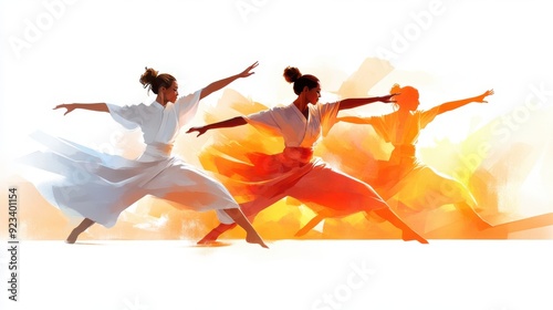 Three dancers in synchronized motion showing elegance and coordination with a dynamic and colorful background, emphasizing harmony, grace, and artistic expression in their performance. photo