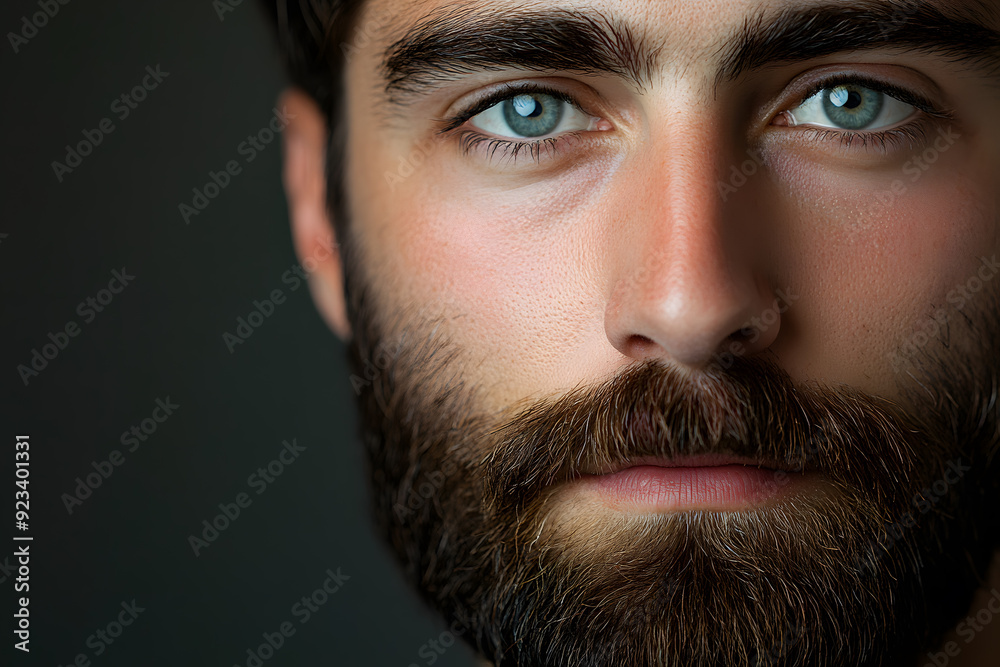 Fototapeta premium Close-up portrait of handsome bearded man looking directly at the camera on dark background