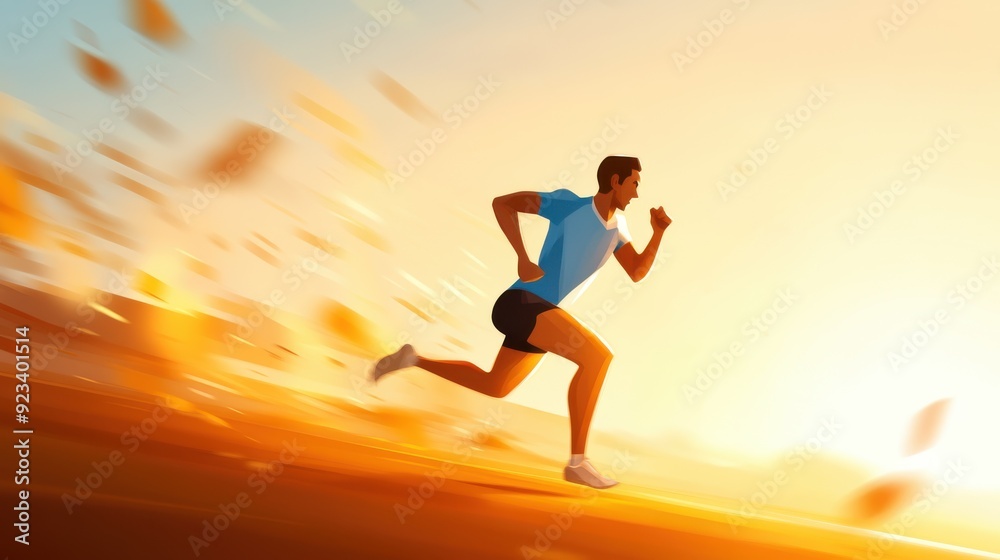 An animated runner captured in motion, dashing through vibrant, swirling autumn leaves with a warm, glowing sunset in the background, emphasizing speed and determination. An animated runner captured in motion, dashing through vibrant, swirling autumn leaves with a warm, glowing sunset in the background, emphasizing speed and determination.