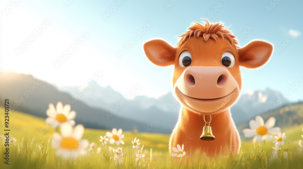 A cheerful orange cartoon calf with a bell around its neck stands in a flower-filled field, with snow-capped mountains in the background and blue skies overhead. A cheerful orange cartoon calf with a bell around its neck stands in a flower-filled field, with snow-capped mountains in the background and blue skies overhead.