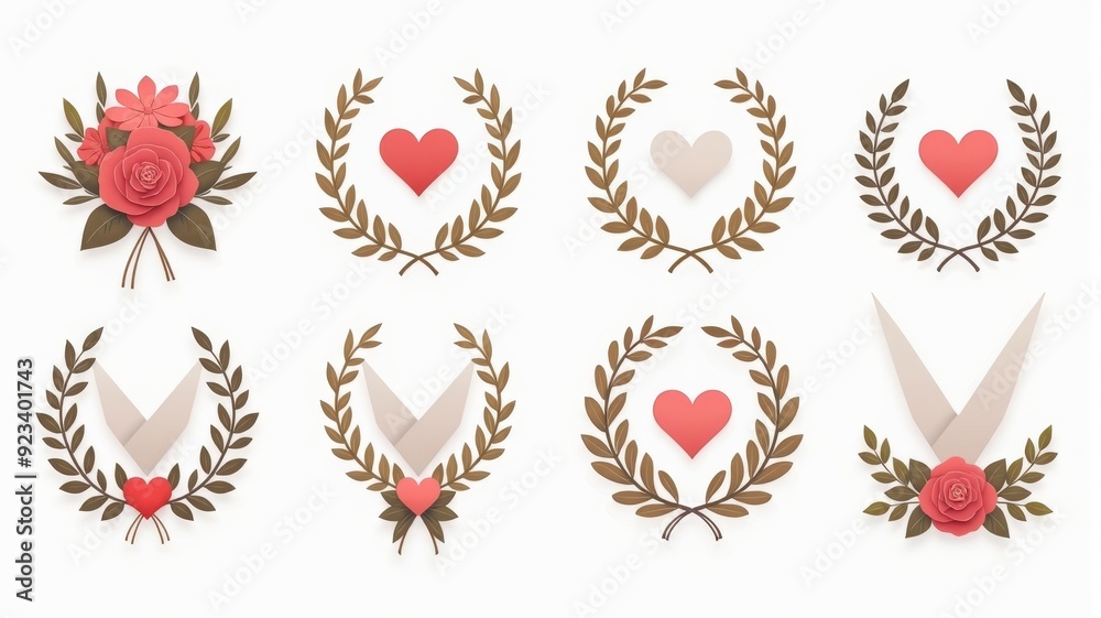 Fototapeta premium Elegant Floral and Heart Motifs with Wreaths Illustration - Perfect for Invitations, Greeting Cards, and Decorative Design