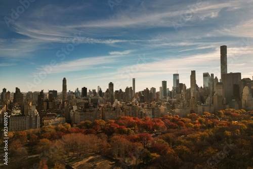 Autumn Fall. Autumnal Central Park view from drone. Aerial of NY City Manhattan Central Park panorama in Autumn. Autumn in Central Park. Autumn NYC. Central Park Fall Colors of foliage.