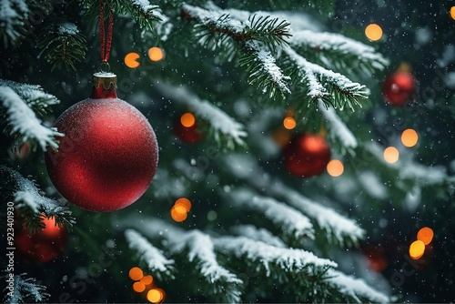 Christmas Tree with Red Baubles and Snowflakes