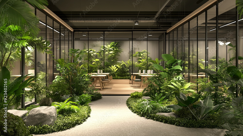 Fototapeta premium Modern Indoor Botanical Garden with Dining Area