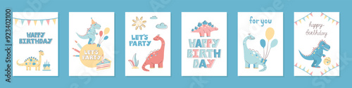 Collection of 6 cute dinosaur cards. Happy Birthday cards and greetings. Hand drawn in pastel colors. Vector illustration.
