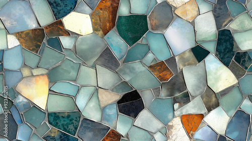 A mosaic of transparent tiles, forming an abstract pattern with varying shades and shapes