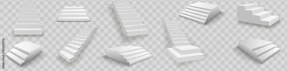 White stairs, 3d staircases. Set, Isolated on transparent background. White stairs, 3d staircases. Set, Isolated on transparent background.