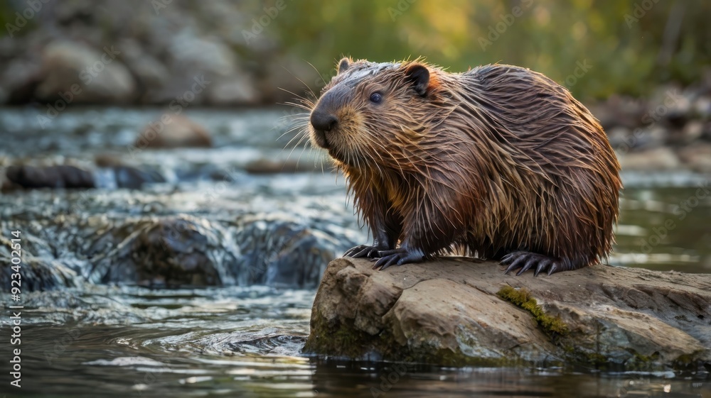 Beaver on dam in quiet mountain river setting Beaver on dam in quiet mountain river setting
