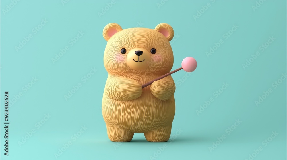 Cute Cartoon Bear Holding a Stick with a Pink Ball Cute Cartoon Bear Holding a Stick with a Pink Ball