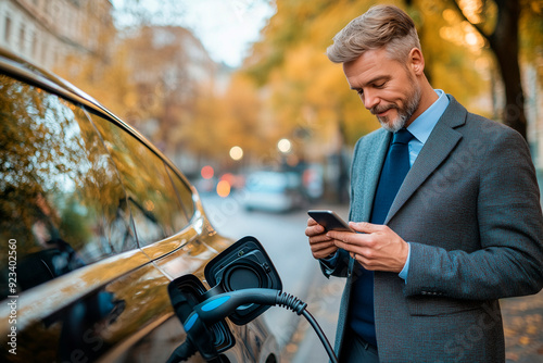 Geschäftsmann lädt sein Elektroauto auf und nutzt sein Smartphone, urbanes Leben, nachhaltige Mobilität, moderne Technologie, umweltfreundlicher Verkehr