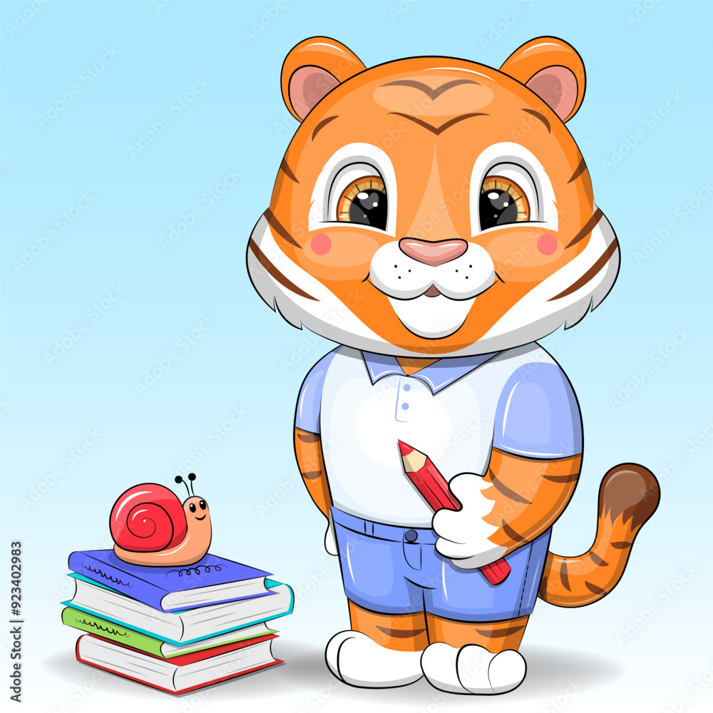 Naklejka premium Cute cartoon tiger with pencil and books. Vector illustration of an animal on a blue background.