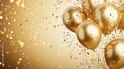 Festive background with gold balloons and scattered golden confetti. background for a festive birthday celebration. Generative ai