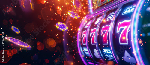 Casino banner. Golden slot machine wins the jackpot and the chips flying around. 777 Big win concept. Advertising Casino jackpot illustration. Good luck, victory, hit the jackpot, bingo. Copy space