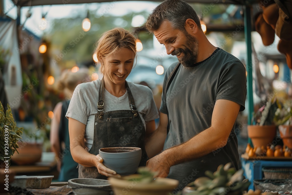 A woman in an apron smiles as she shows a man a clay pot she's made, likely at a pottery market or studio. A woman in an apron smiles as she shows a man a clay pot she's made, likely at a pottery market or studio.