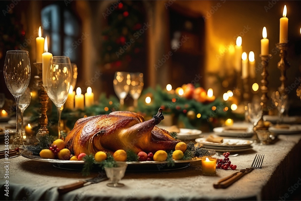 Festive Table Setting with Roasted Turkey Festive Table Setting with Roasted Turkey