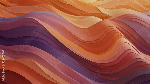 An abstract background of soft, wavy lines in warm hues of orange, pink, and purple that blend together like a sunset. The waves undulate smoothly, creating a peaceful, flowing rhythm that feels calmi photo