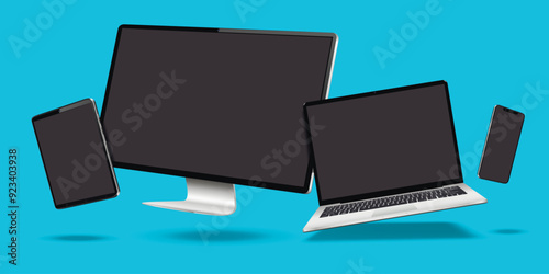 Modern desktop computer, laptop, and tablet mockup with blank screens. Digital devices levitation on blue background.
