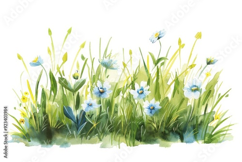 Watercolor painting of blue and white flowers in a green meadow. Children's Book Illustration