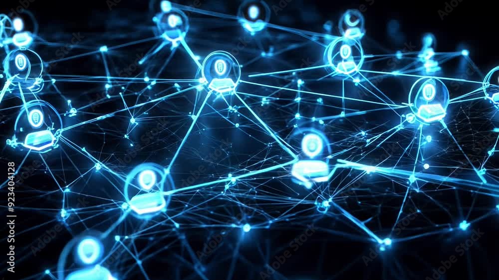 A network of people is shown in blue. The people are connected to each other in a web-like pattern. Concept of interconnectedness and community A network of people is shown in blue. The people are connected to each other in a web-like pattern. Concept of interconnectedness and community