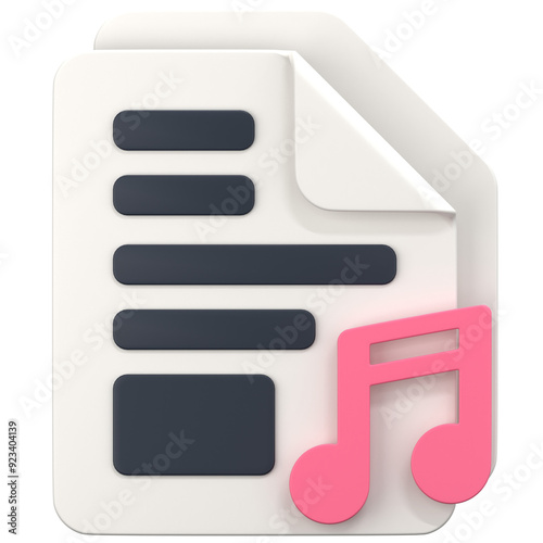 White File with music sign 3D Icon Illustration. Low Poly Style photo