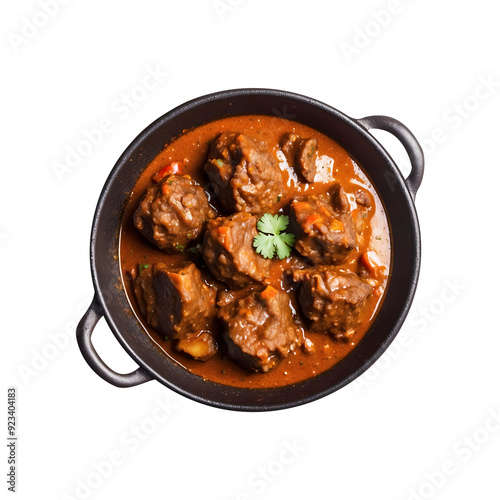 Traditional Mutton Curry in an Iron Pan Isolated on a Transparent Background | Mutton Curry Isolated on a Transparent Background photo