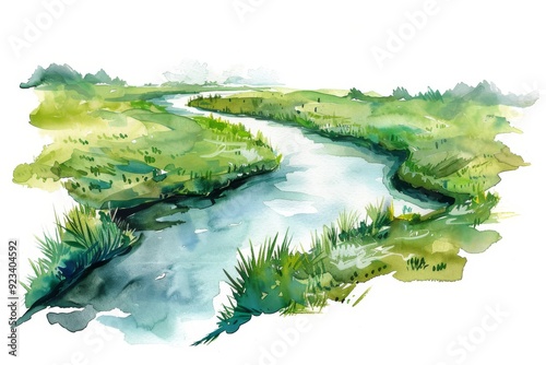 A watercolor painting of a winding river flowing through a lush green landscape. Children's Book Illustration