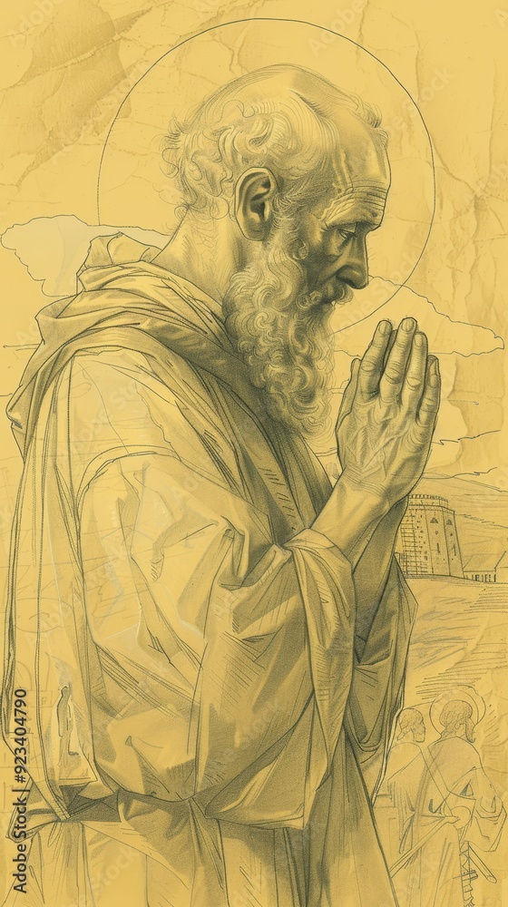 Fototapeta premium The painting of St. Dositheus of Gaza Praying in 6th-Century Monastery, Biblical Illustration, Beige Background, Copyspace