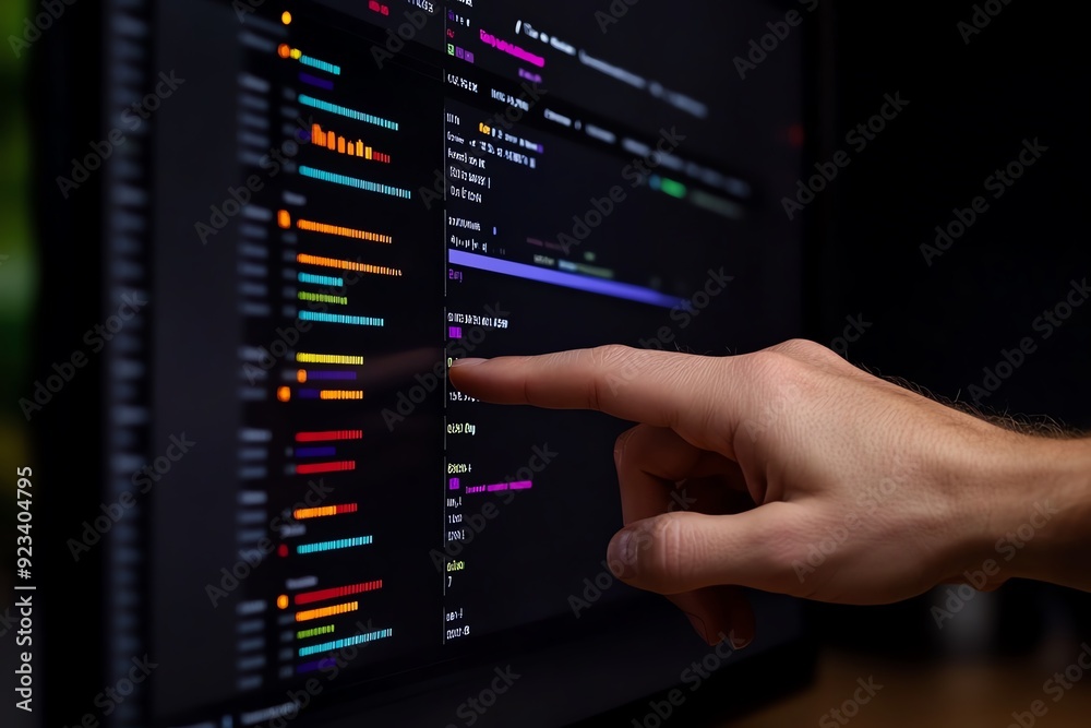 Closeup of a computer monitor displaying hex data with a person s hand pointing to specific values, digital forensics, data examination Closeup of a computer monitor displaying hex data with a person s hand pointing to specific values, digital forensics, data examination