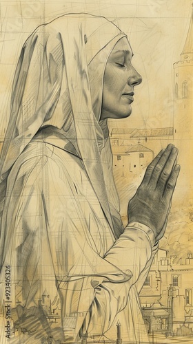 The painting of St. Etheldreda Praying in 7th-Century English Monastery, Biblical Illustration, Beige Background, Copyspace photo