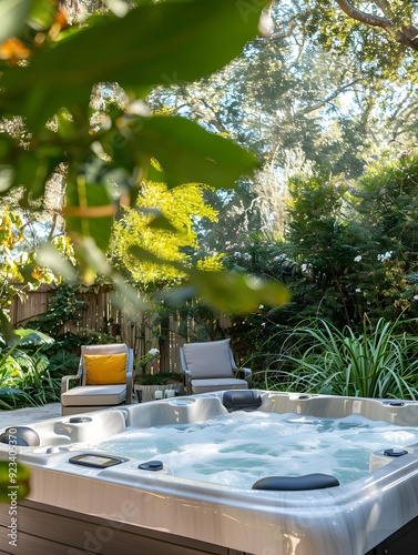Luxurious outdoor hot tub with jacuzzi in a serene garden setting, surrounded by lush greenery and comfortable lounging chairs, perfect for relaxation and rejuvenation