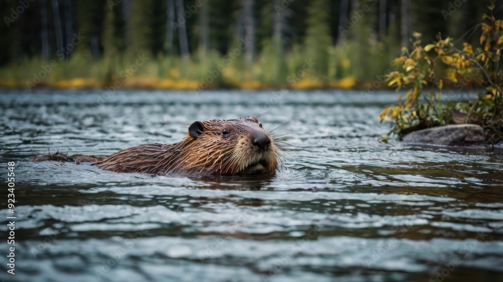 Beaver swimming in forest river, Canada Beaver swimming in forest river, Canada
